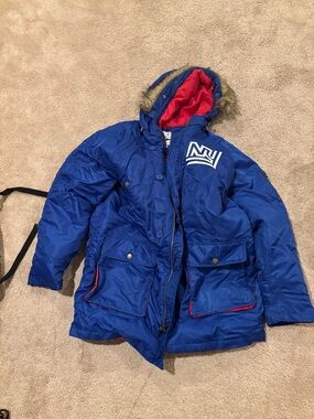 Mitchell & Ness Royal Blue Men’s Puffer Jacket with Faux Fur Hood